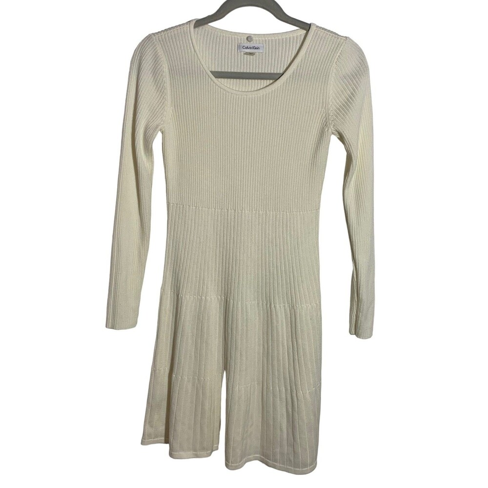 Calvin Klein Women's Size Small Petite Ivory Fit & Flare Tiered Sweater Dress
